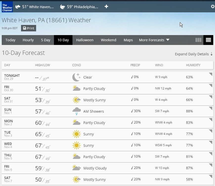 poconos weather report for late fall