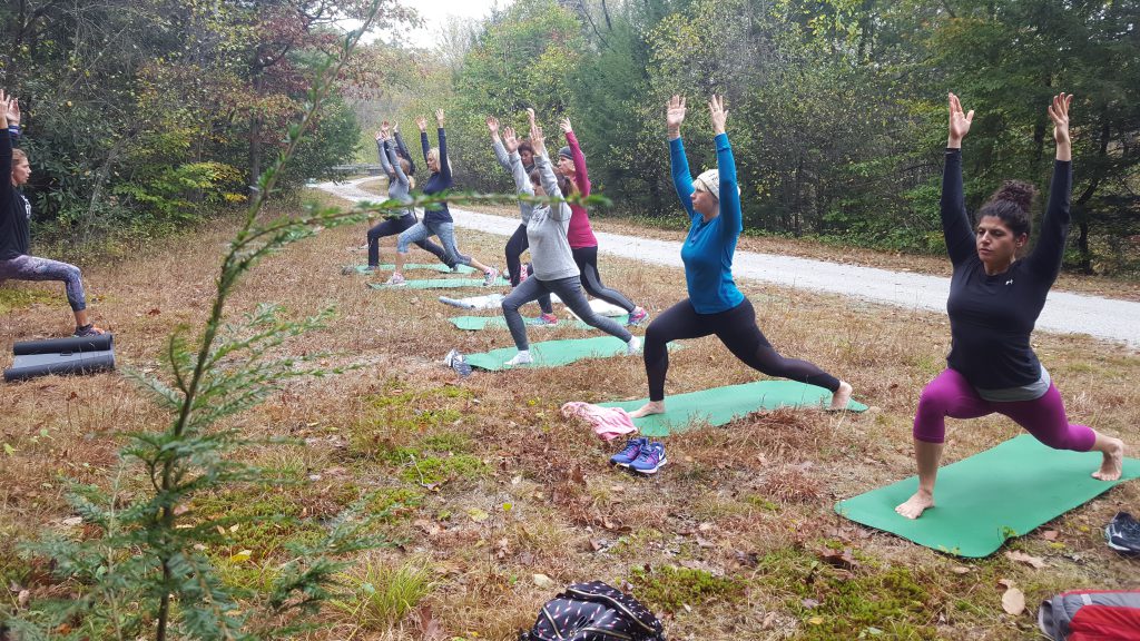 Yoga on the Bike Trail in the Poconos with Nearme Yoga and Pocono Bike Rental Yoga Class Outdoors